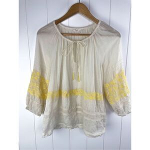 Anthropologie Floreat Embroidered Cream and Yellow Beaded Peasant Blouse  XS